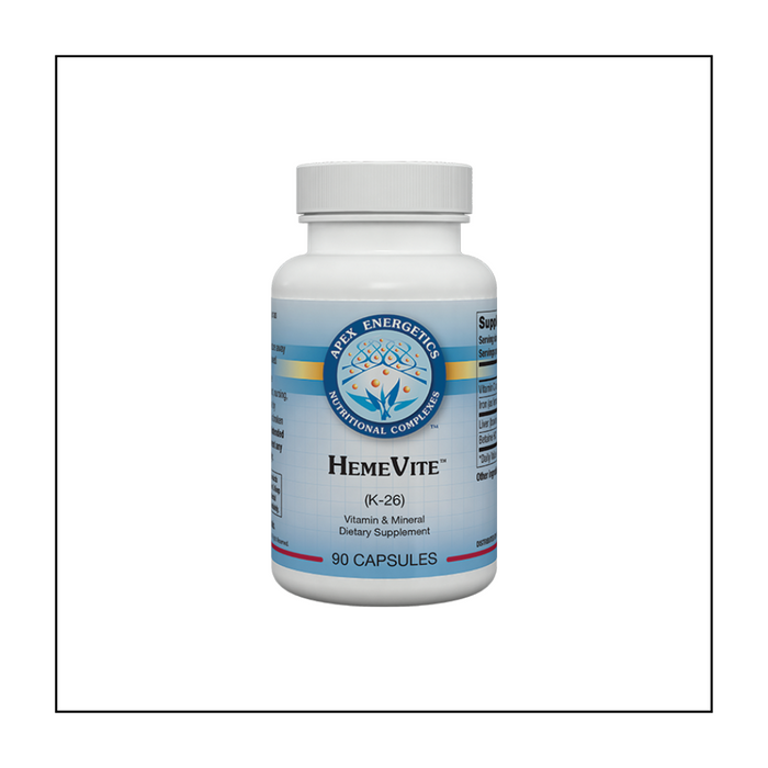 HemeVite™ is intended to support hemoglobin synthesis by providing ferrous fumarate, a good source of iron.* It also includes 600 mg per capsule of bovine liver extract and 200 mg of high-potency vitamin C to further support iron absorption.*