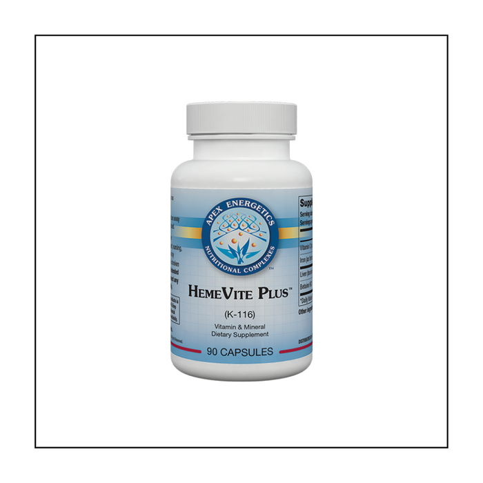 HemeVite Plus™ supports hemoglobin synthesis by providing 25 mg of ferrous bisglycinate chelate (iron).* This unique form of iron is bound to amino acids to produce natural organic chelates that can pass easily through the intestinal wall. This product is an excellent source of iron, with 139% DV per serving.