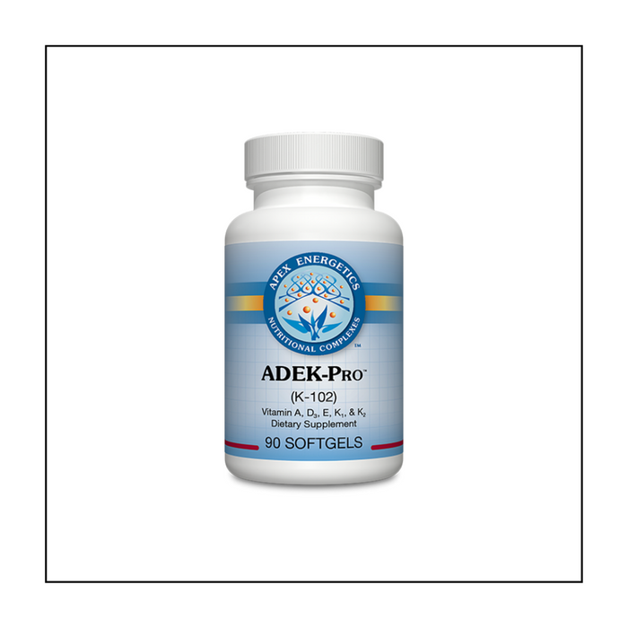 ADEK-Pro™ supports gastrointestinal health and the immune system with a formula that combines (1500 IU) 200 mcg RAE of vitamin A (over 20% of the recommended DV), (1000 IU) 25 mcg of vitamin D3 (over 100% of the recommended DV), (200 IU) 134 mg of vitamin E (over 800% of the recommended DV), and 60 mcg of vitamin K1 and K2 (50% of the recommended DV) per serving.* 