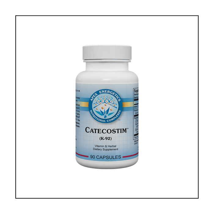 Catecostim™ is designed to support the catecholaminergic system, using key nutrients and precursors.* This product also incorporates ingredients that may support brain function, as it relates to working memory, focus, and alertness.* Offering compounds such as guarana and eleuthero, this product is intended to aid during occasional stress and to support energy levels.* It further provides high-potency vitamin C and pantothenic acid.